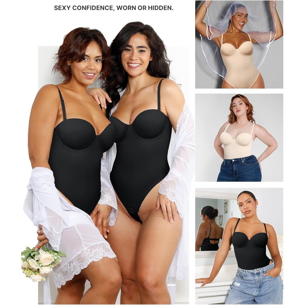 SHAPELLX Tummy Control Shapewear Bodysuit Body Shaper Removable Straps‎ Low Back